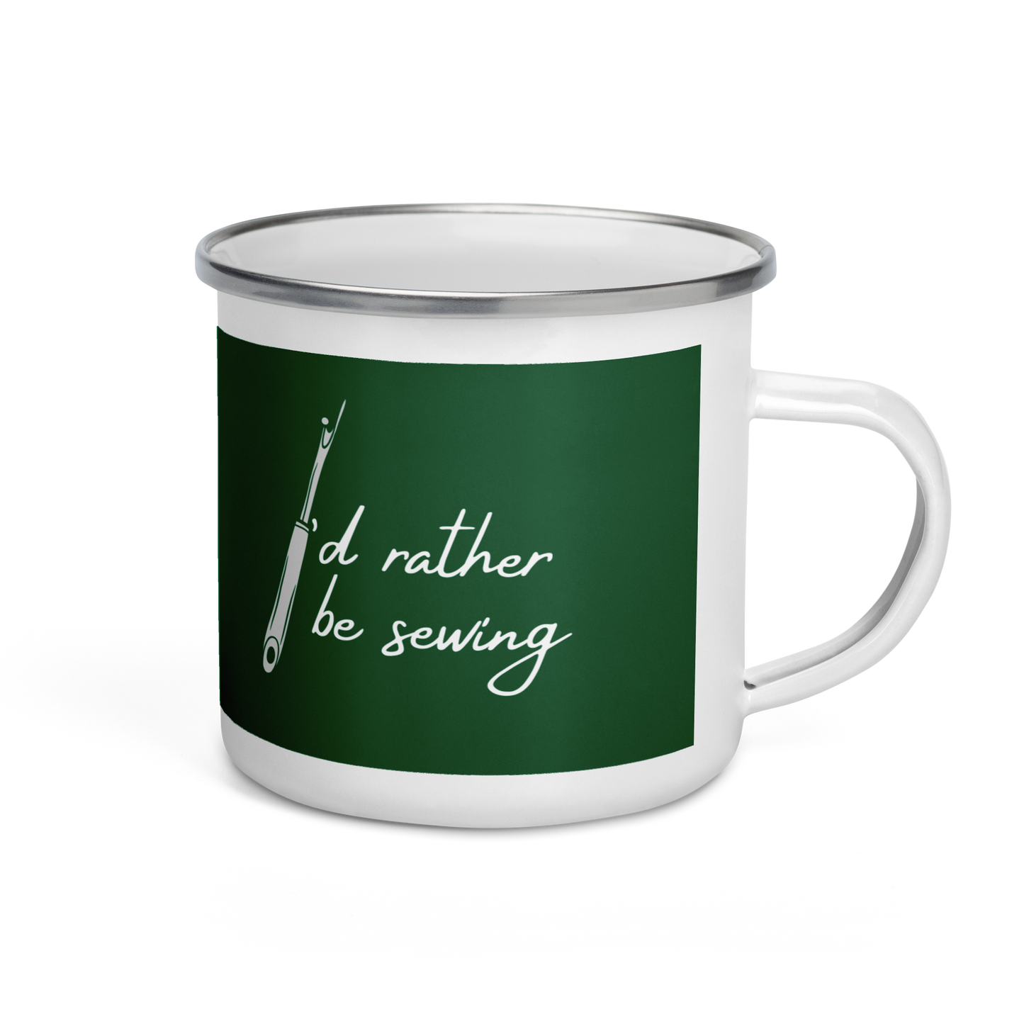 Forest Green Enamel Mug with "I'd Rather Be Sewing" design - The Perfect Gift for People who Love to Sew