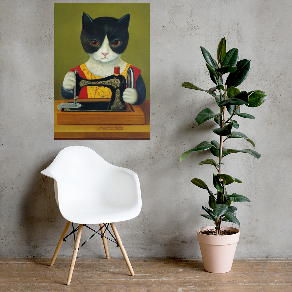 Wall Art Poster with "sewing cat" design - perfect gift for people who love to sew