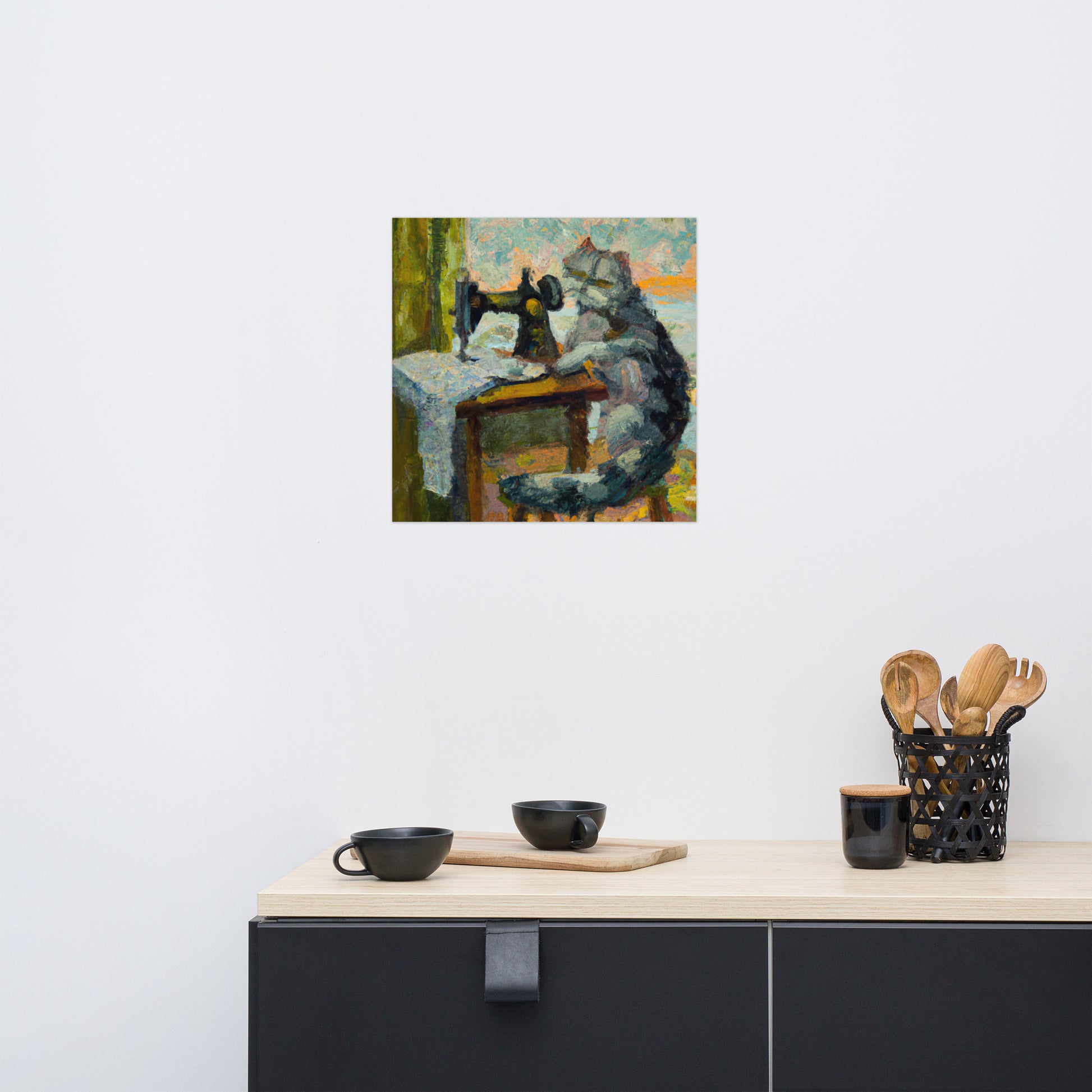 Wall Art Poster with "sewing cat" design - perfect gift for people who love to sew