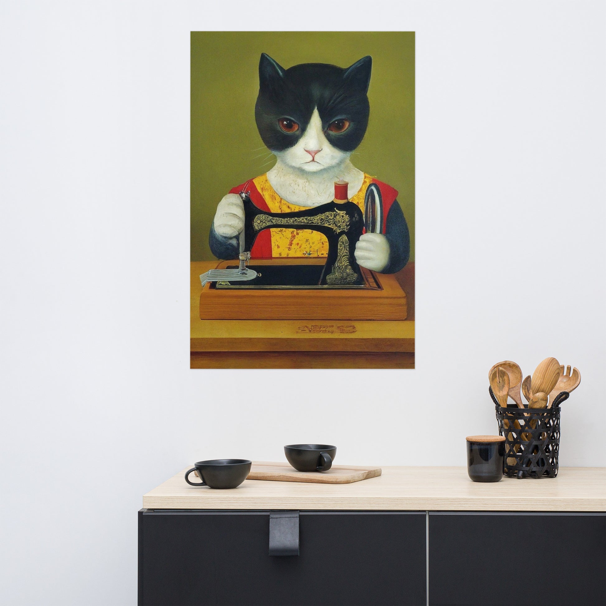 Wall Art Poster with "sewing cat" design - perfect gift for people who love to sew