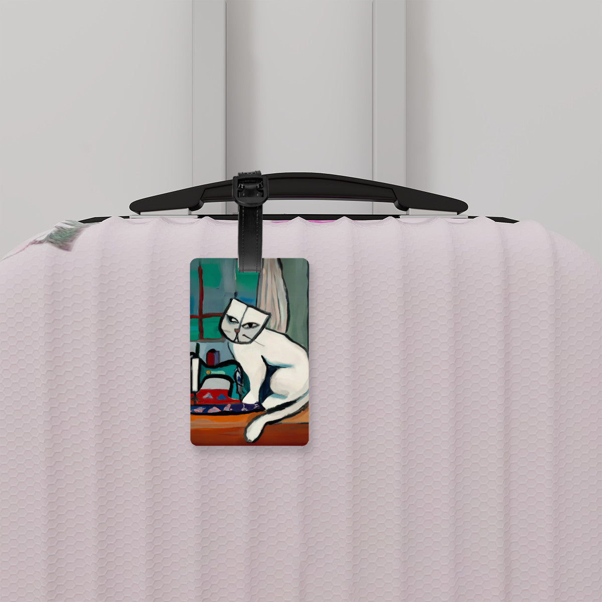 Luggage Tag with "Sewing Cat" design, the ideal gift for people who love to sew, cat lovers, and travelers.