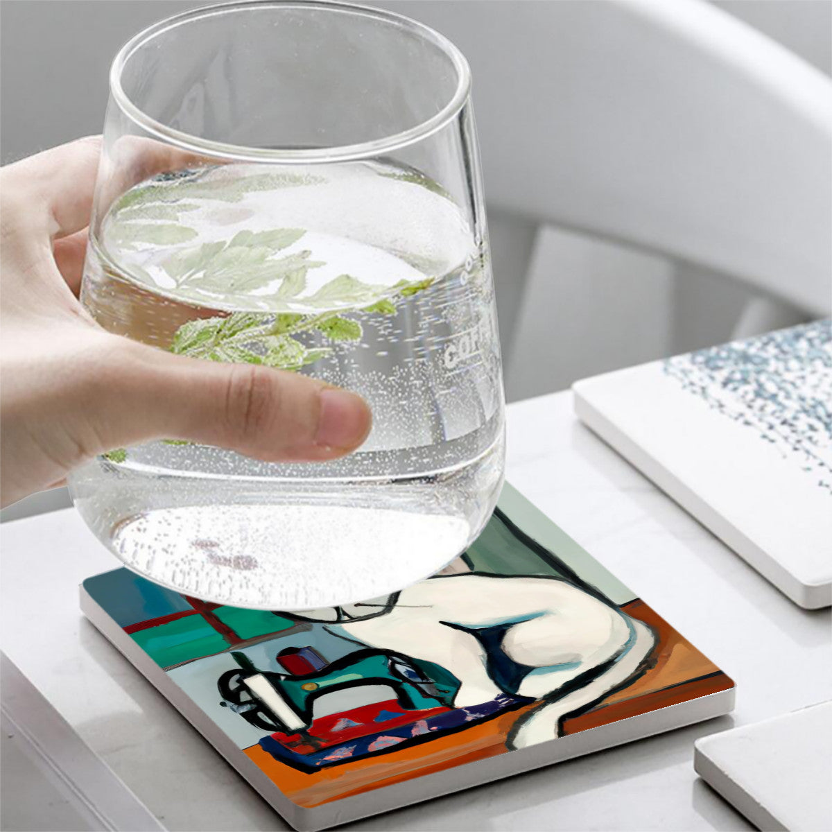  A Set of 6 Square Leather Coasters with "Sewing Cat" Graphic - The Perfect Gift for People who Love to Sew