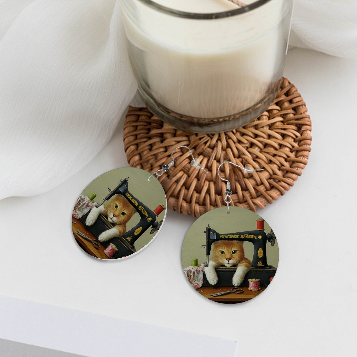 Circle Drop Earrings with "Sewing Cats" design – The Perfect Gift for People who Love to Sew