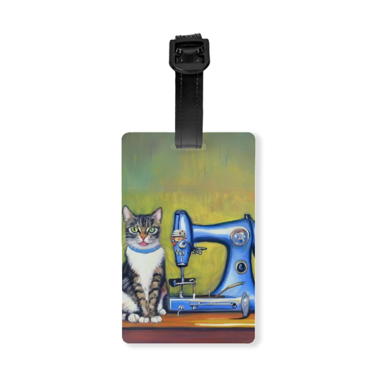 Luggage Tag with "Sewing Cat" design, the ideal gift for people who love to sew, cat lovers, and travelers.