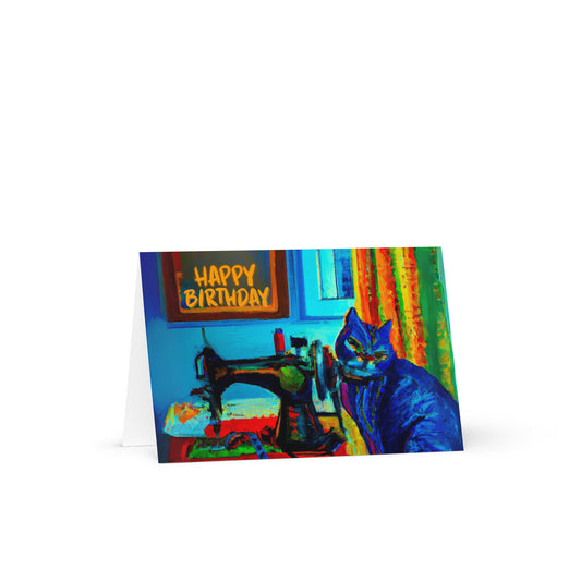 Blue Sewing Cat Birthday Card