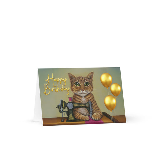 Ginger Sewing Cat Birthday Card