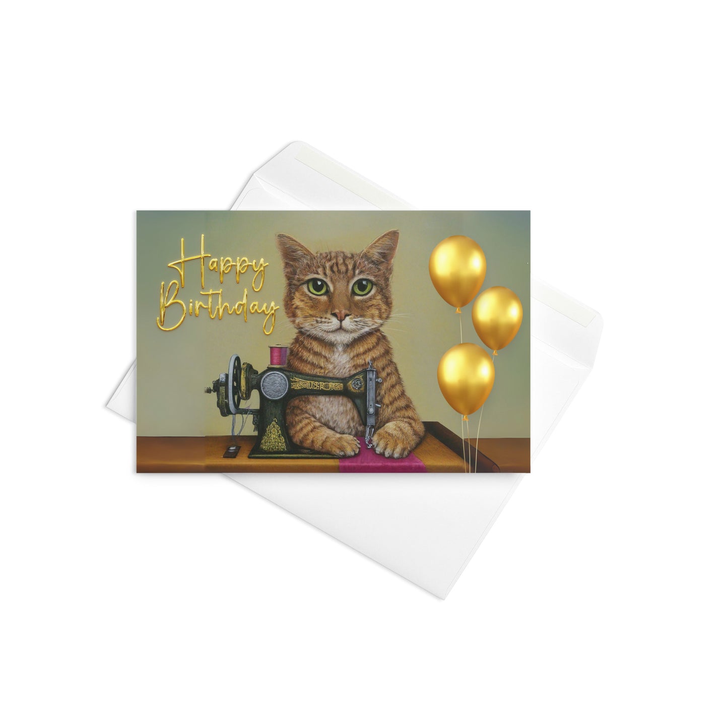 Ginger Sewing Cat Birthday Card