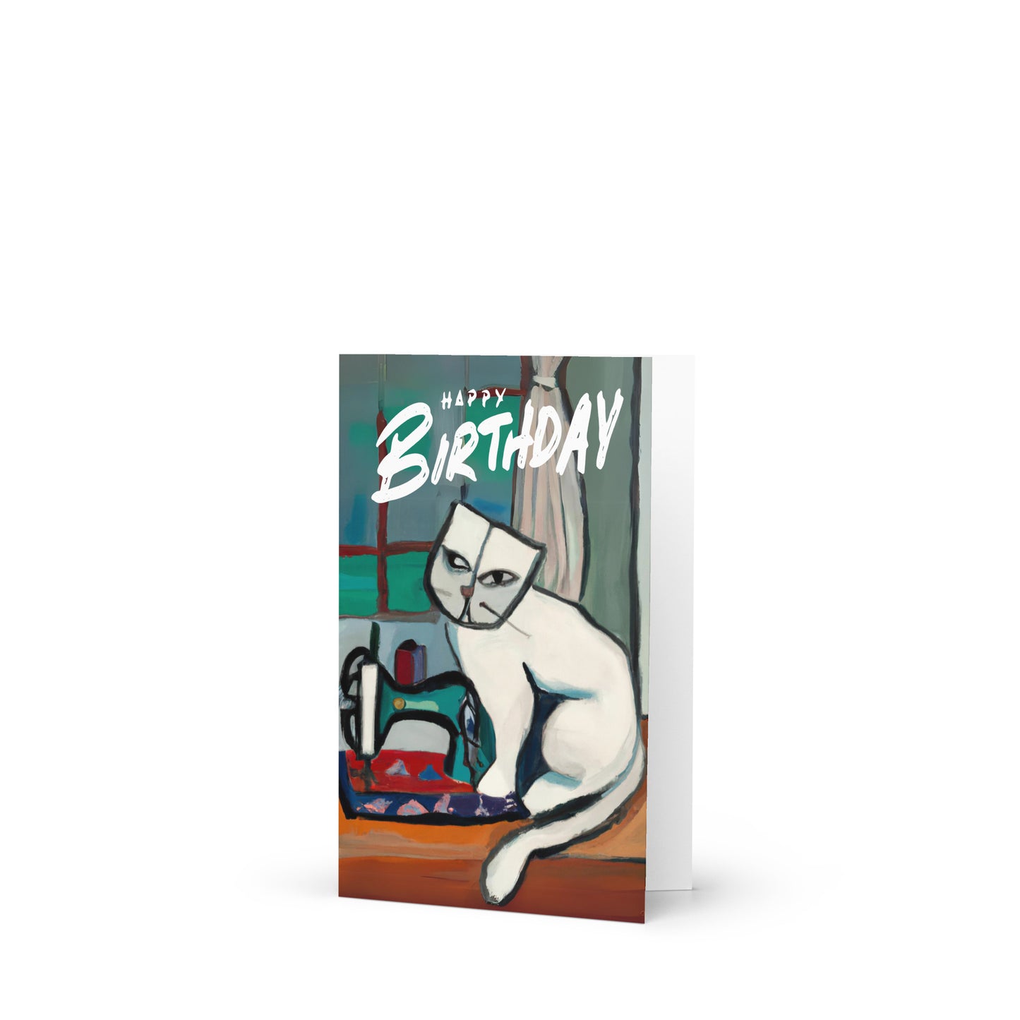 White Sewing Cat Birthday Card