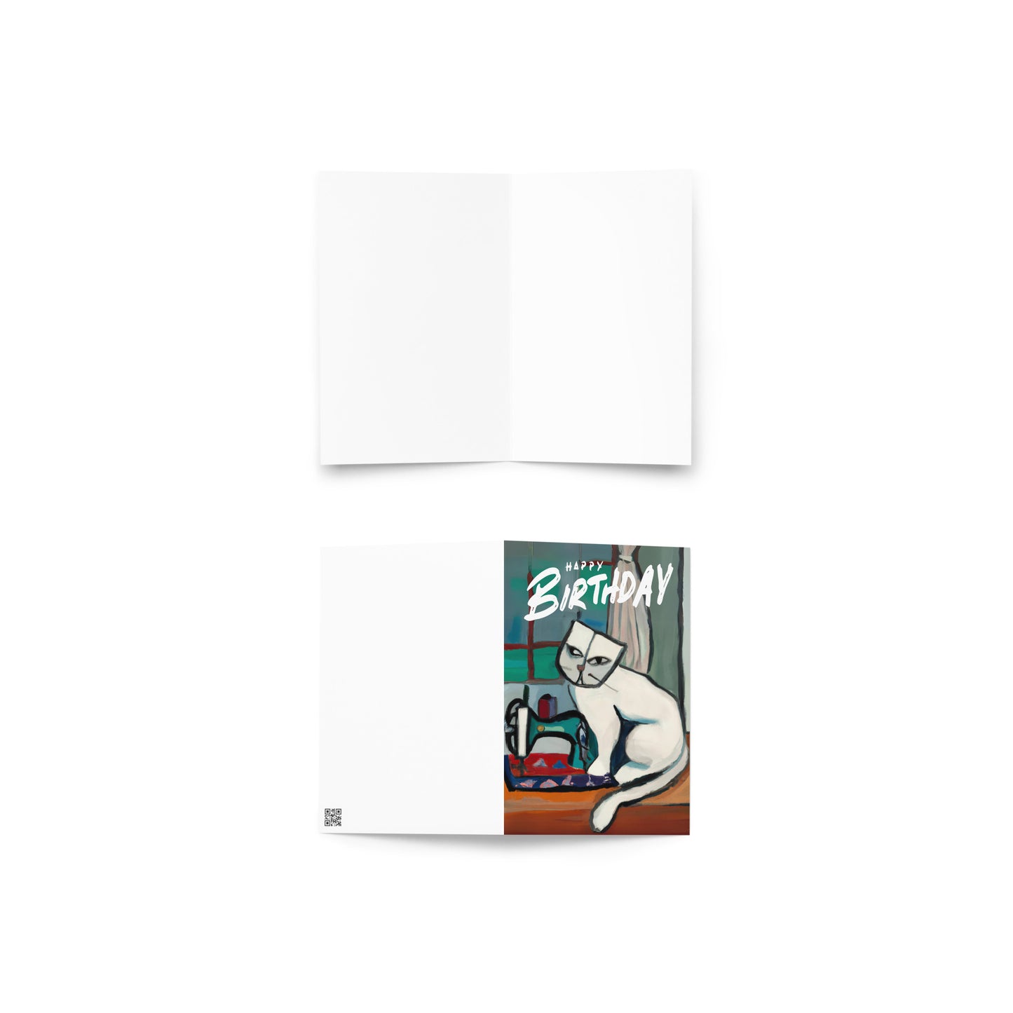 White Sewing Cat Birthday Card