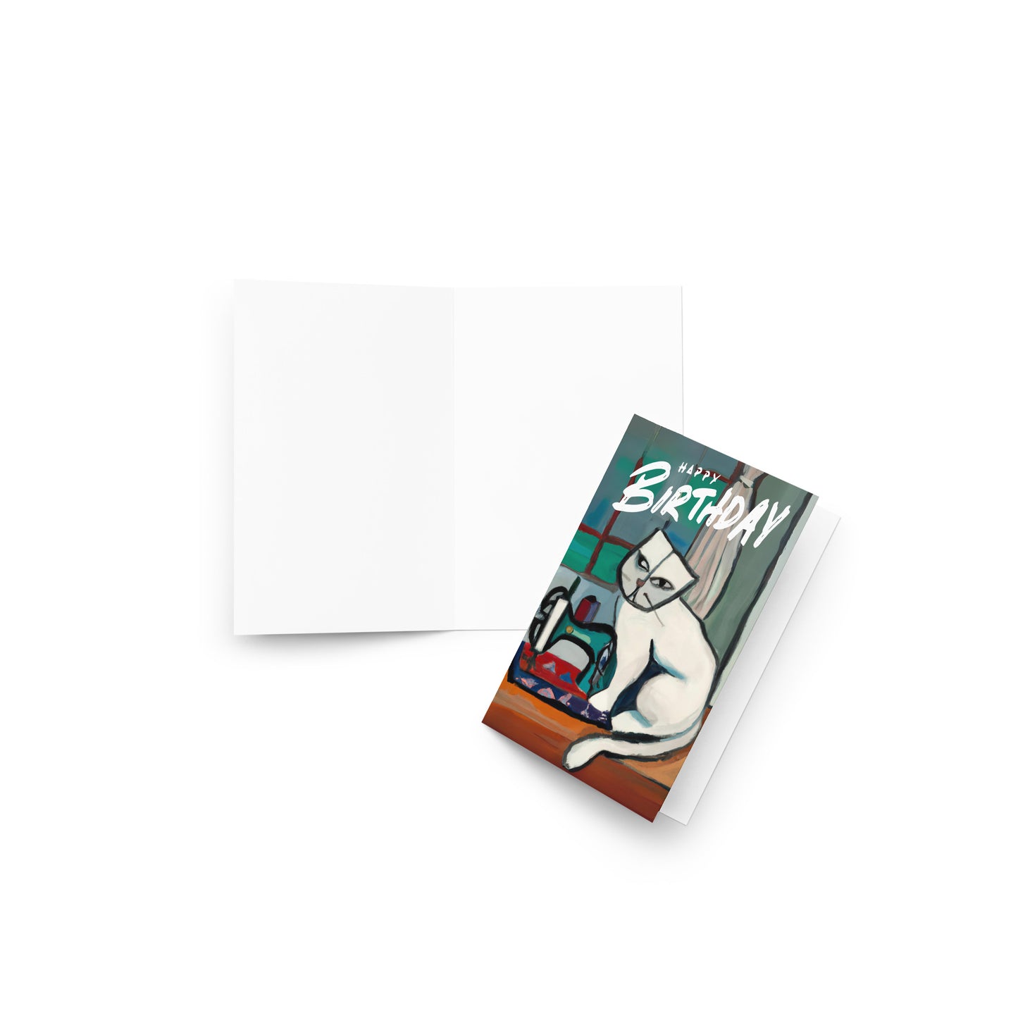 White Sewing Cat Birthday Card