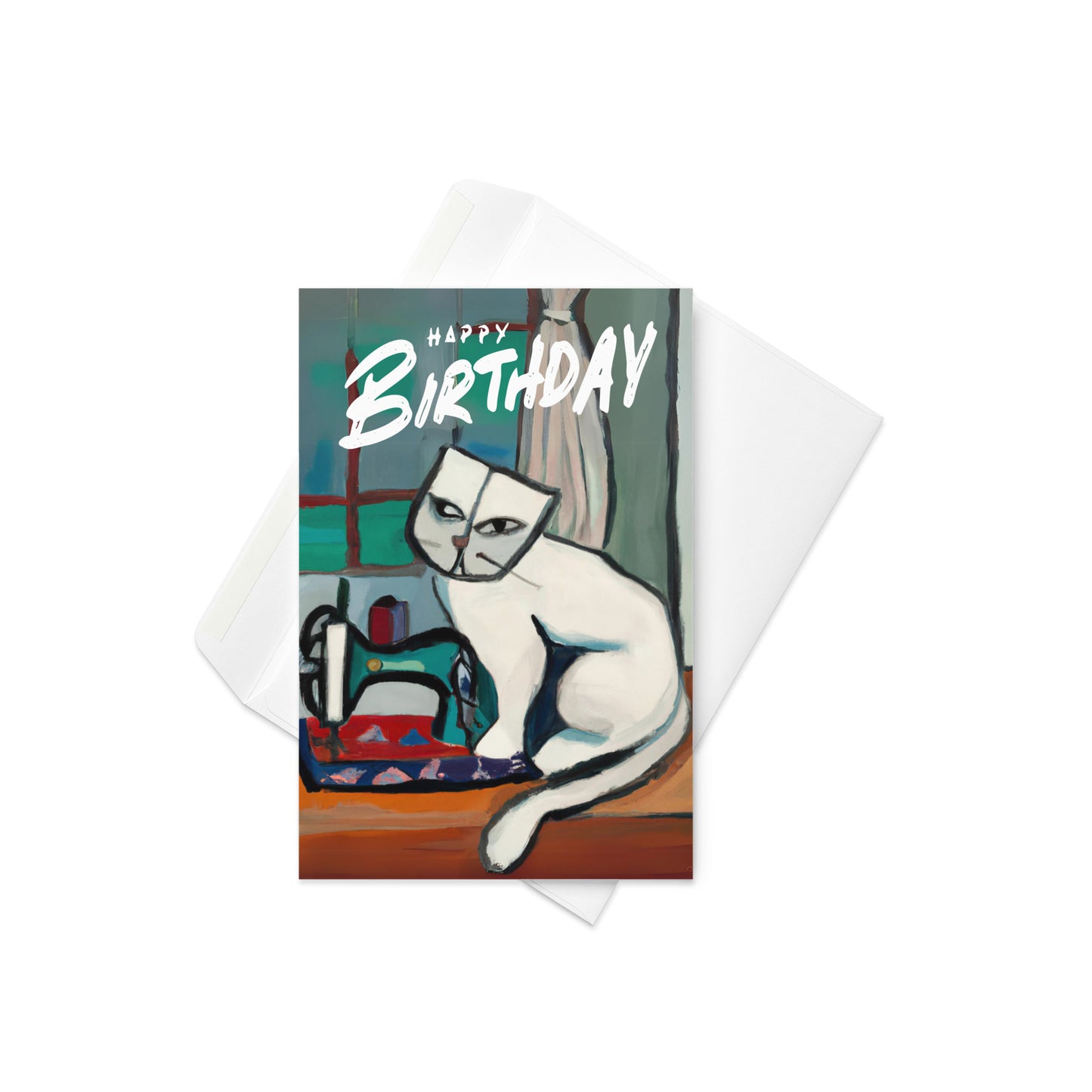 White Sewing Cat Birthday Card