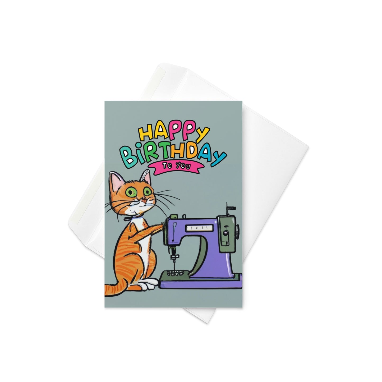 Orange Sewing Cat Birthday Card