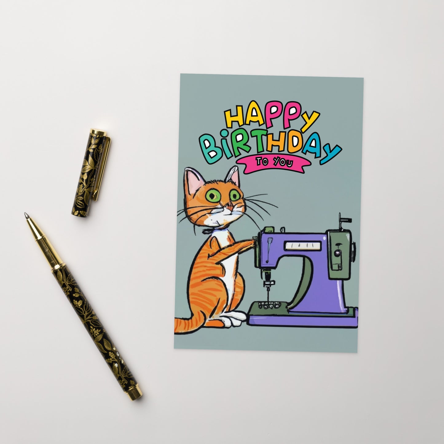 Orange Sewing Cat Birthday Card