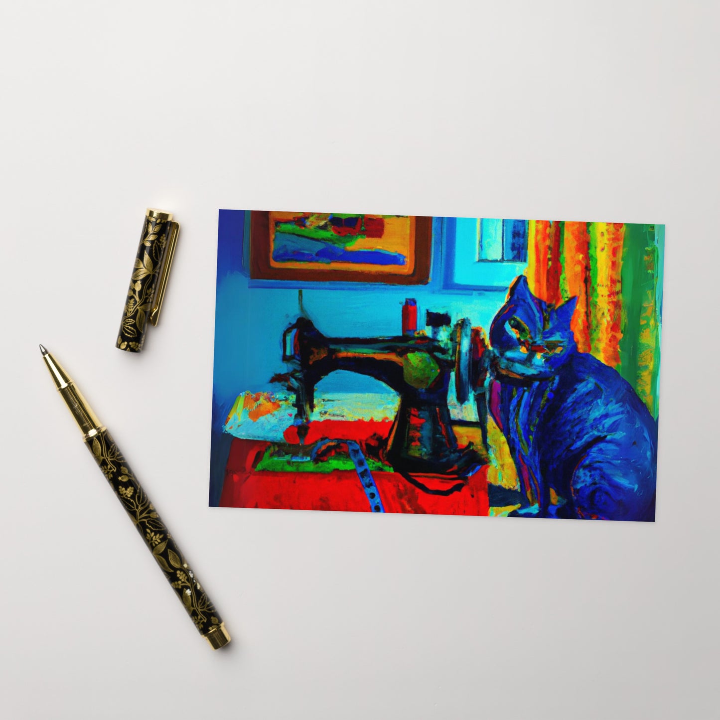 Blue Sewing Cat Blank card