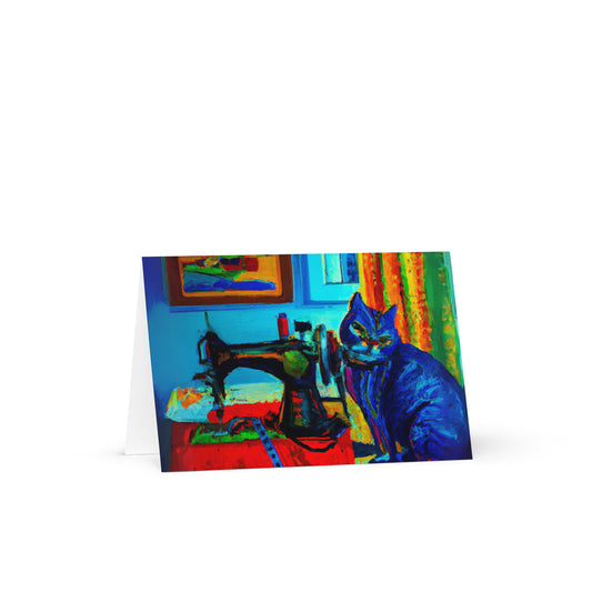 Blue Sewing Cat Blank card