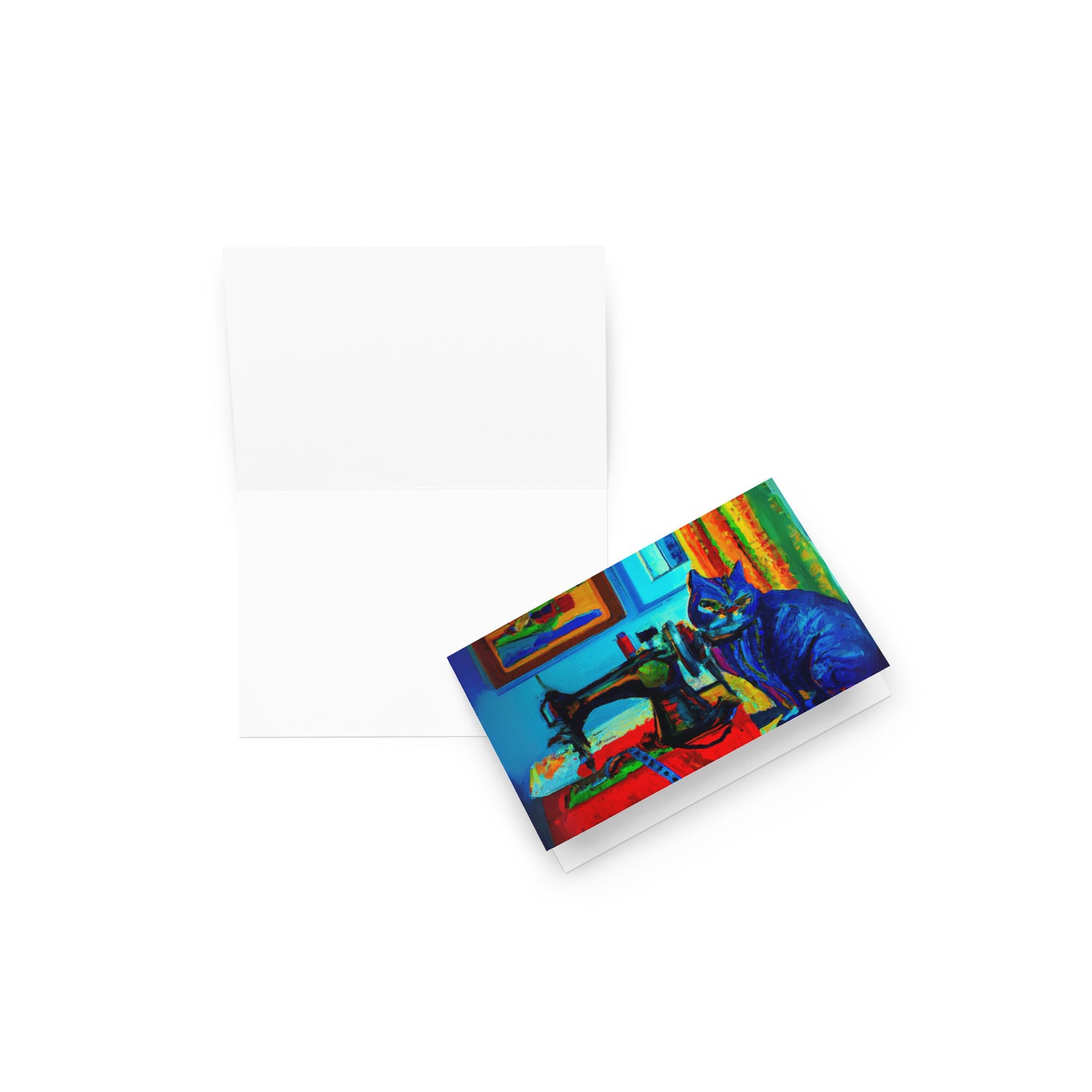Blue Sewing Cat Blank card