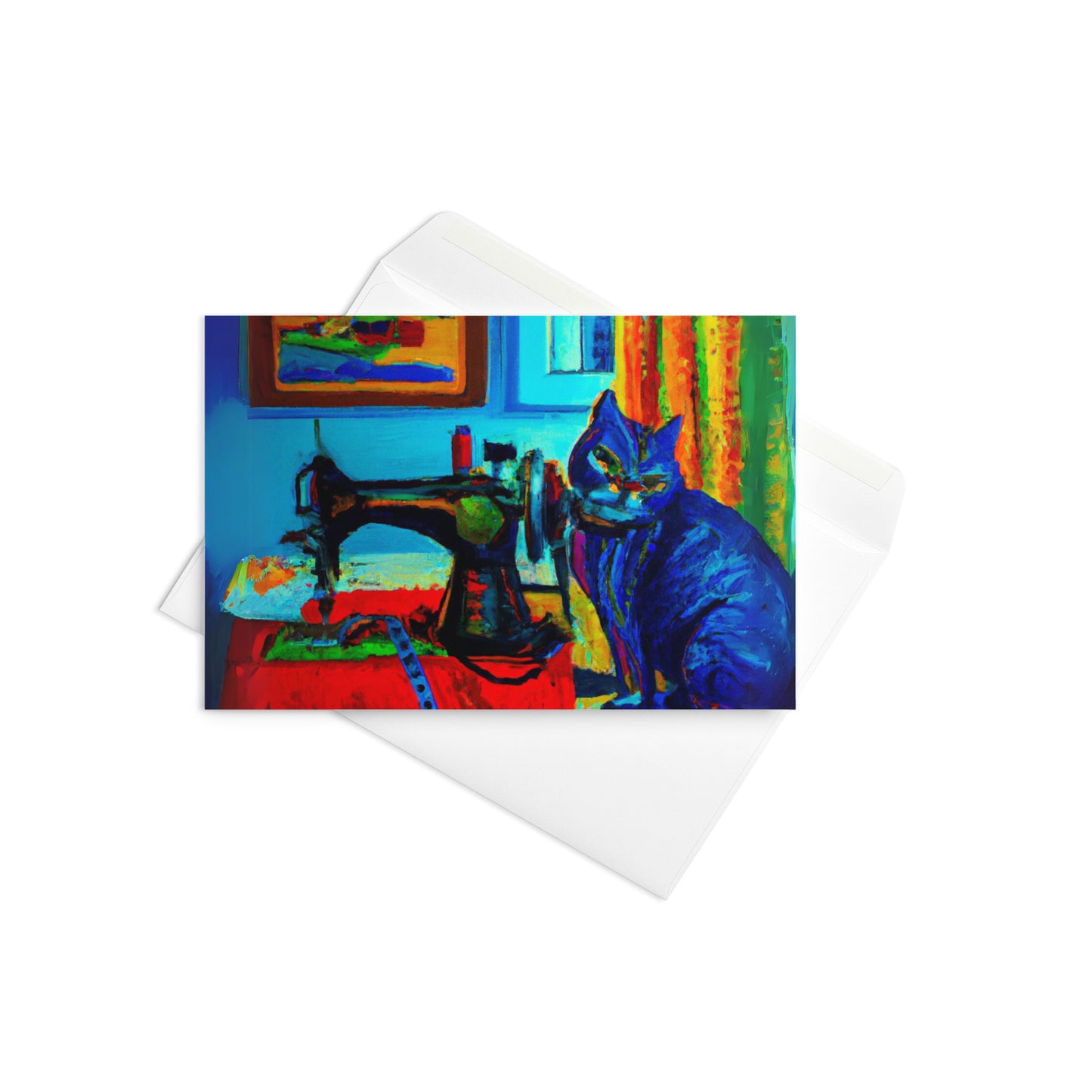 Blue Sewing Cat Blank card