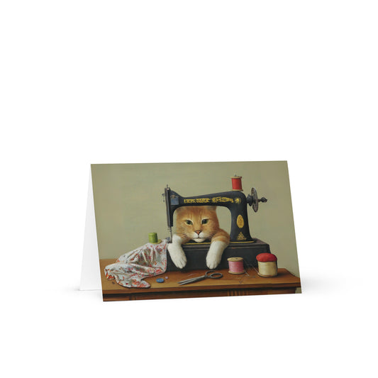 Cute Ginger Sewing Cat Blank Card