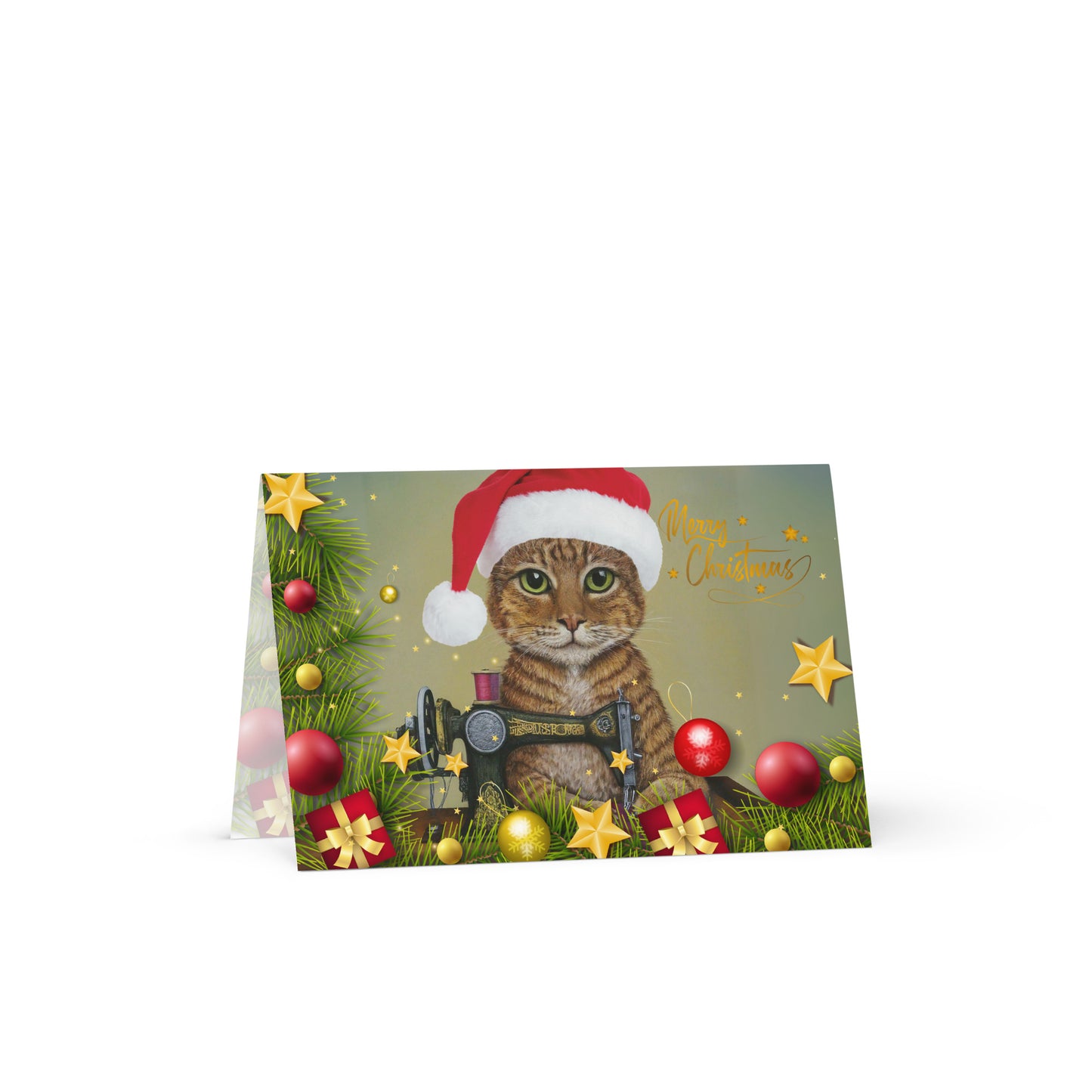 Merry Christmas Ginger Sewing Cat Card