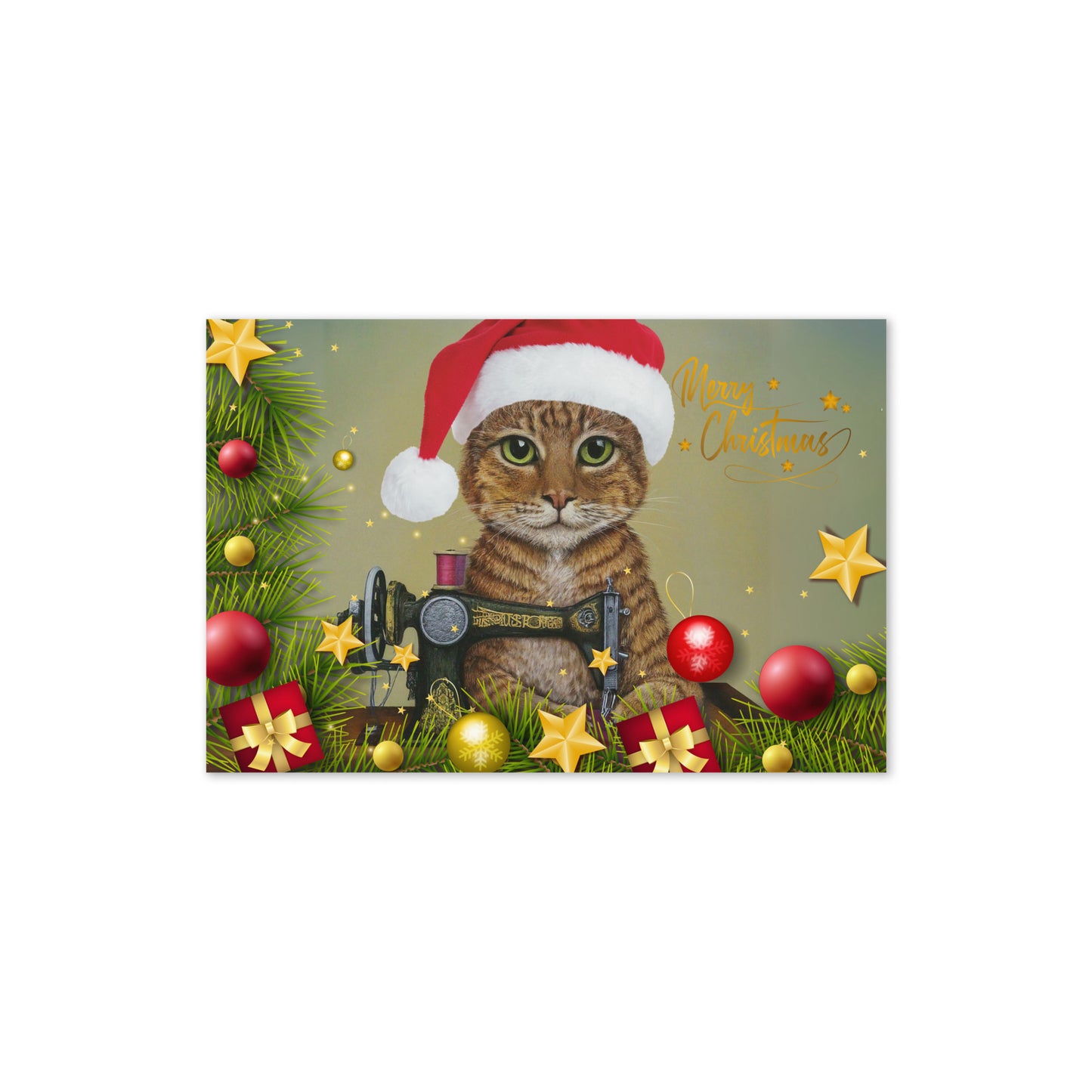 Merry Christmas Ginger Sewing Cat Card