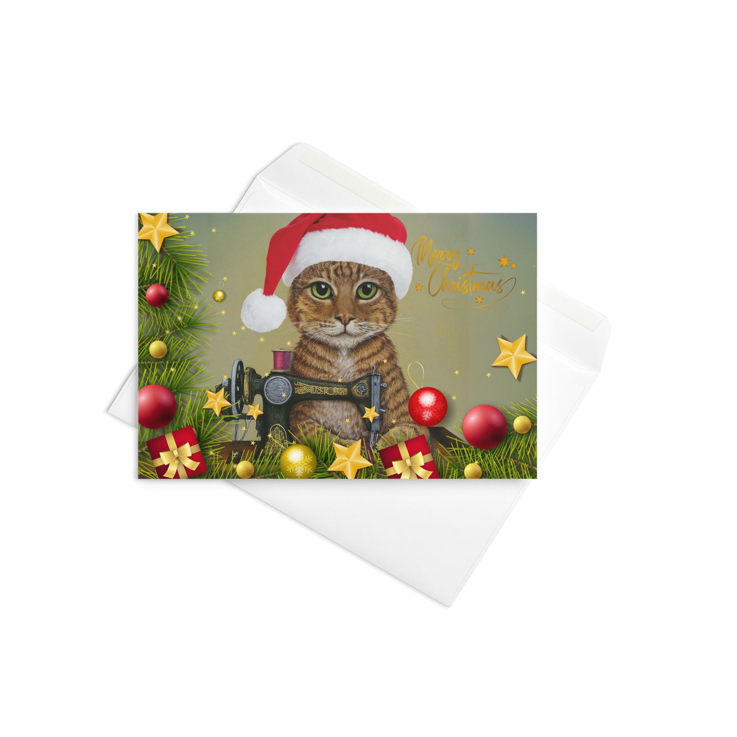 Merry Christmas Ginger Sewing Cat Card
