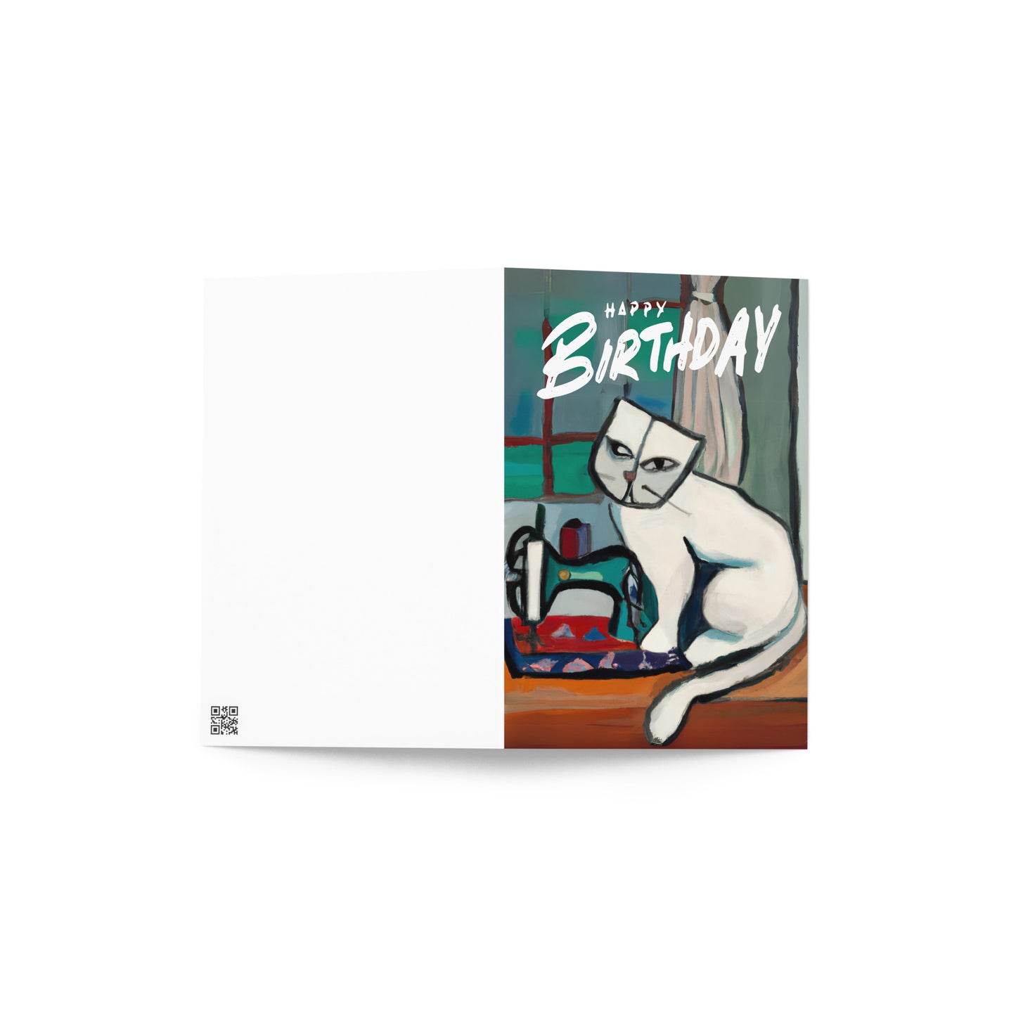 White Sewing Cat Birthday Card