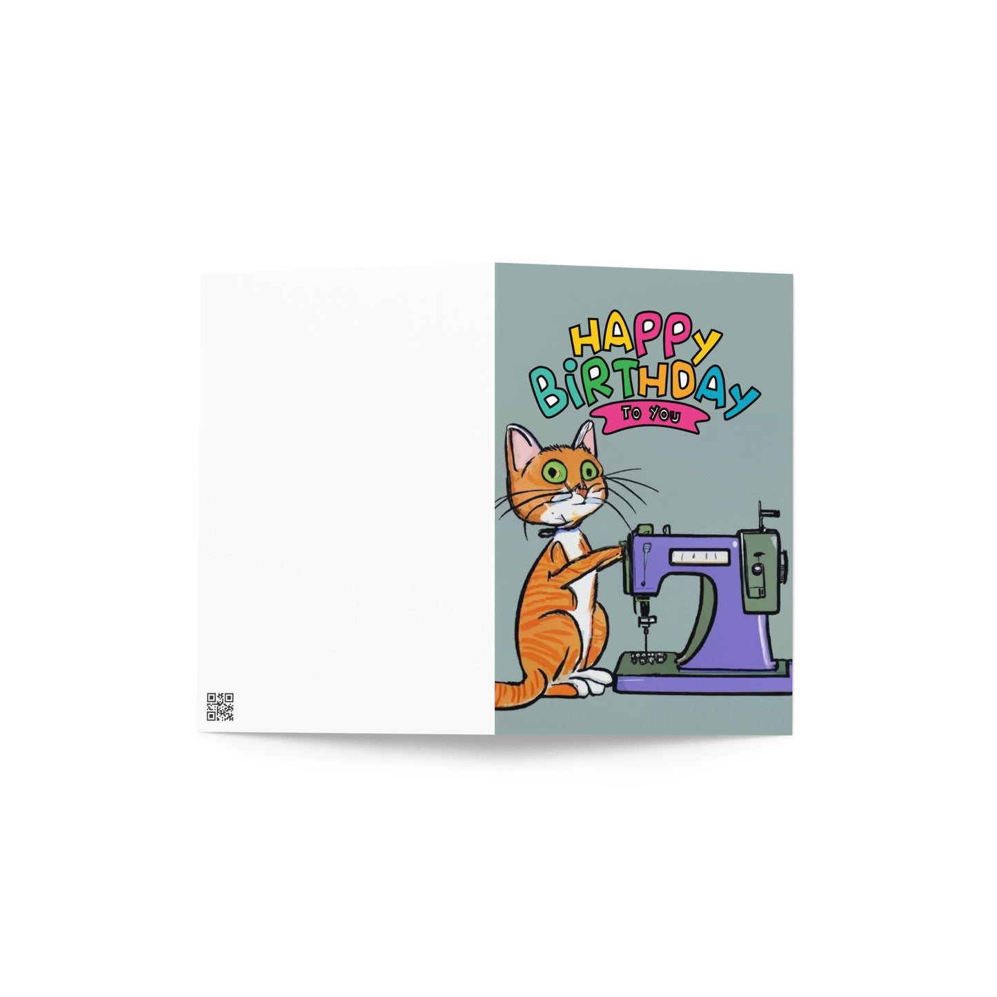 Orange Sewing Cat Birthday Card