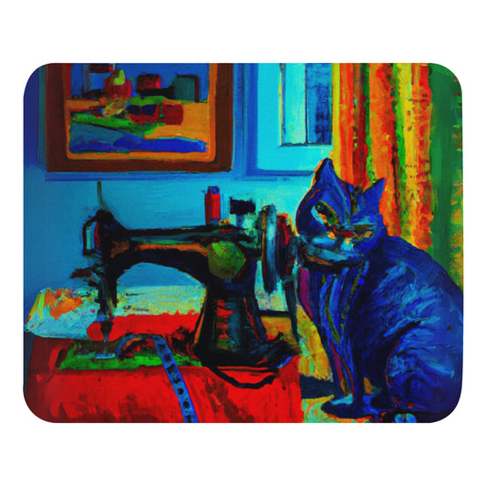 Artistic Mouse Pad with "Sewing Cat" Graphic Design, the perfect gift for people who love to sew