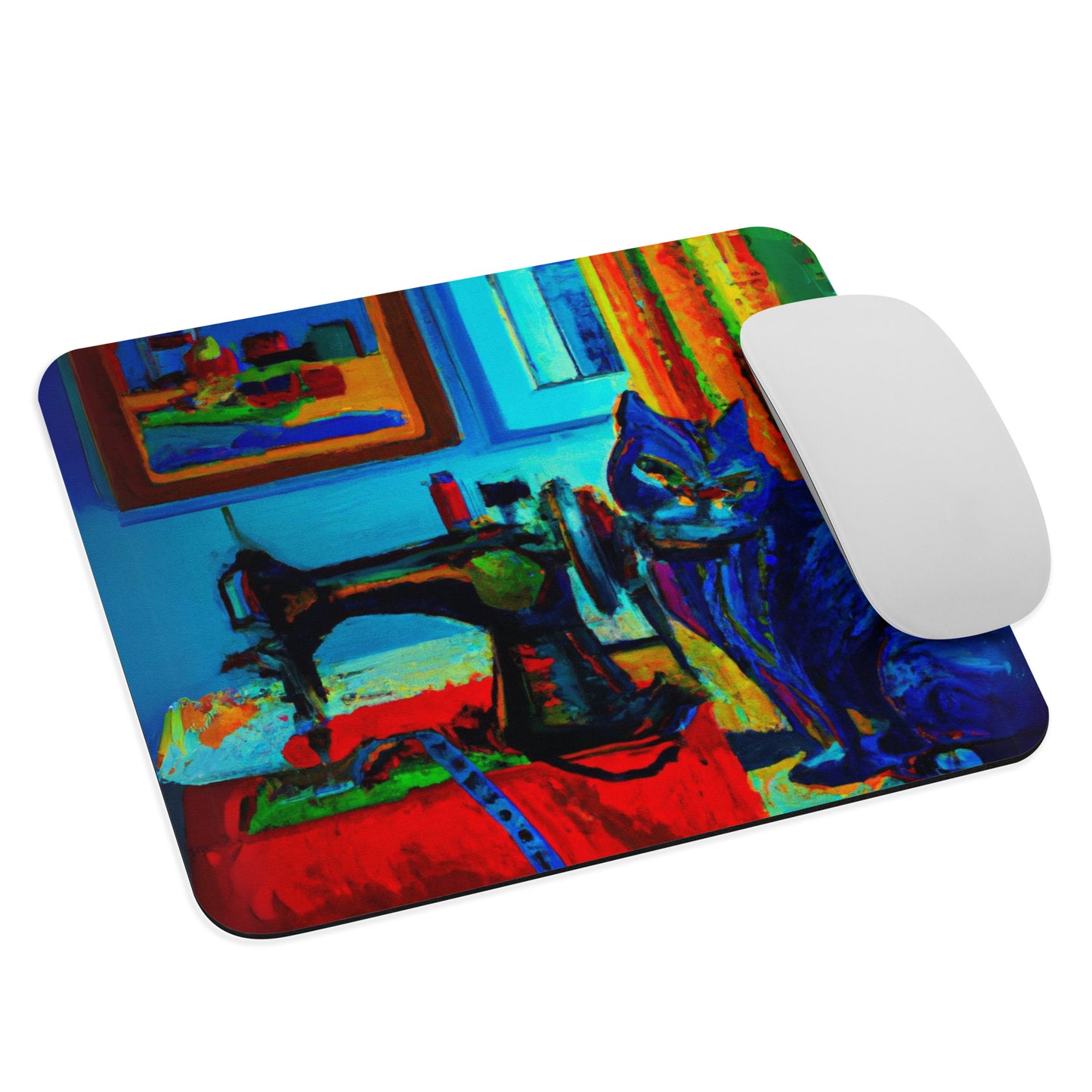 Artistic Mouse Pad with "Sewing Cat" Graphic Design, the perfect gift for people who love to sew