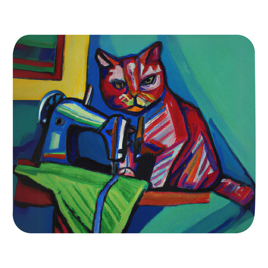 Artistic Mouse Pad with "Sewing Cat" Graphic Design, the perfect gift for people who love to sew