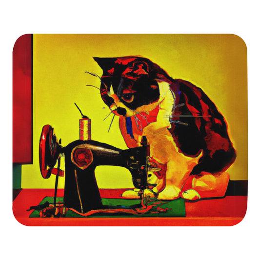 Artistic Mouse Pad with "Sewing Cat" Graphic Design, the perfect gift for people who love to sew