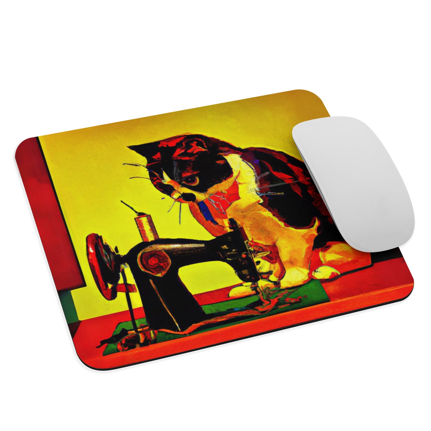 Artistic Mouse Pad with "Sewing Cat" Graphic Design, the perfect gift for people who love to sew