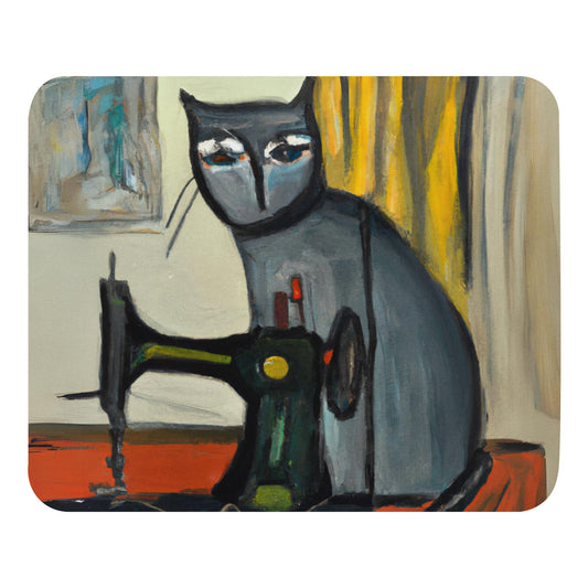 Artistic Mouse Pad with "Sewing Cat" Graphic Design, the perfect gift for people who love to sew