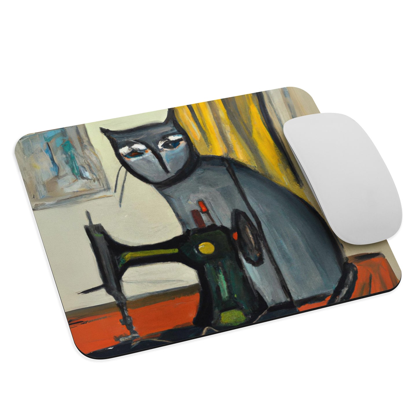 Artistic Mouse Pad with "Sewing Cat" Graphic Design, the perfect gift for people who love to sew