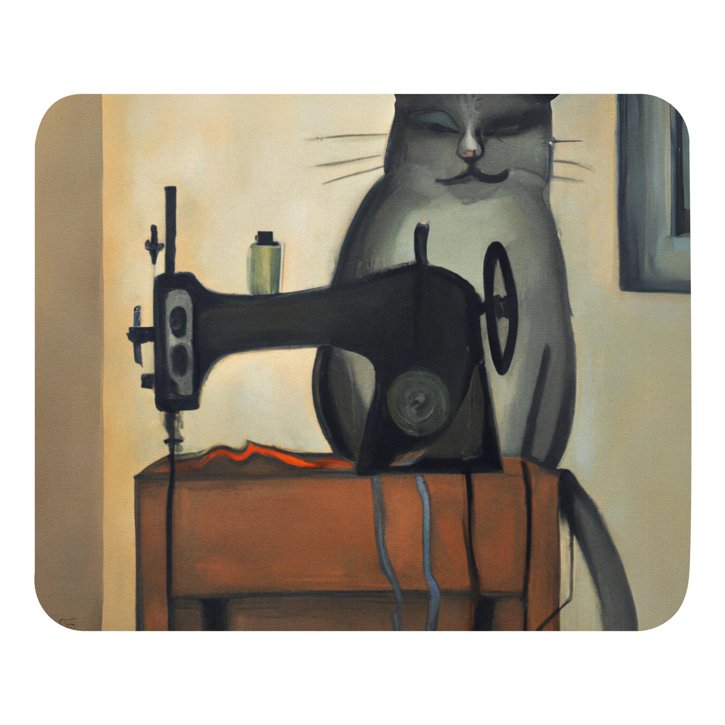 Artistic Mouse Pad with "Sewing Cat" Graphic Design, the perfect gift for people who love to sew