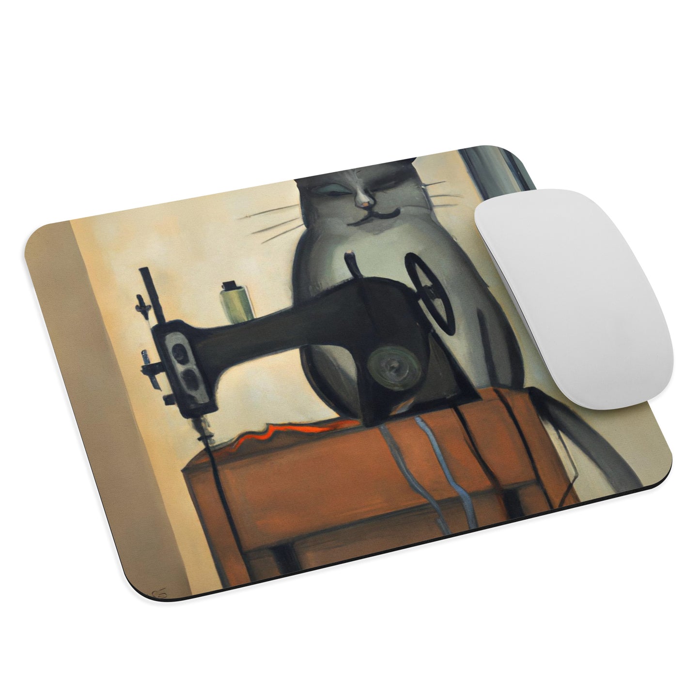 Artistic Mouse Pad with "Sewing Cat" Graphic Design, the perfect gift for people who love to sew