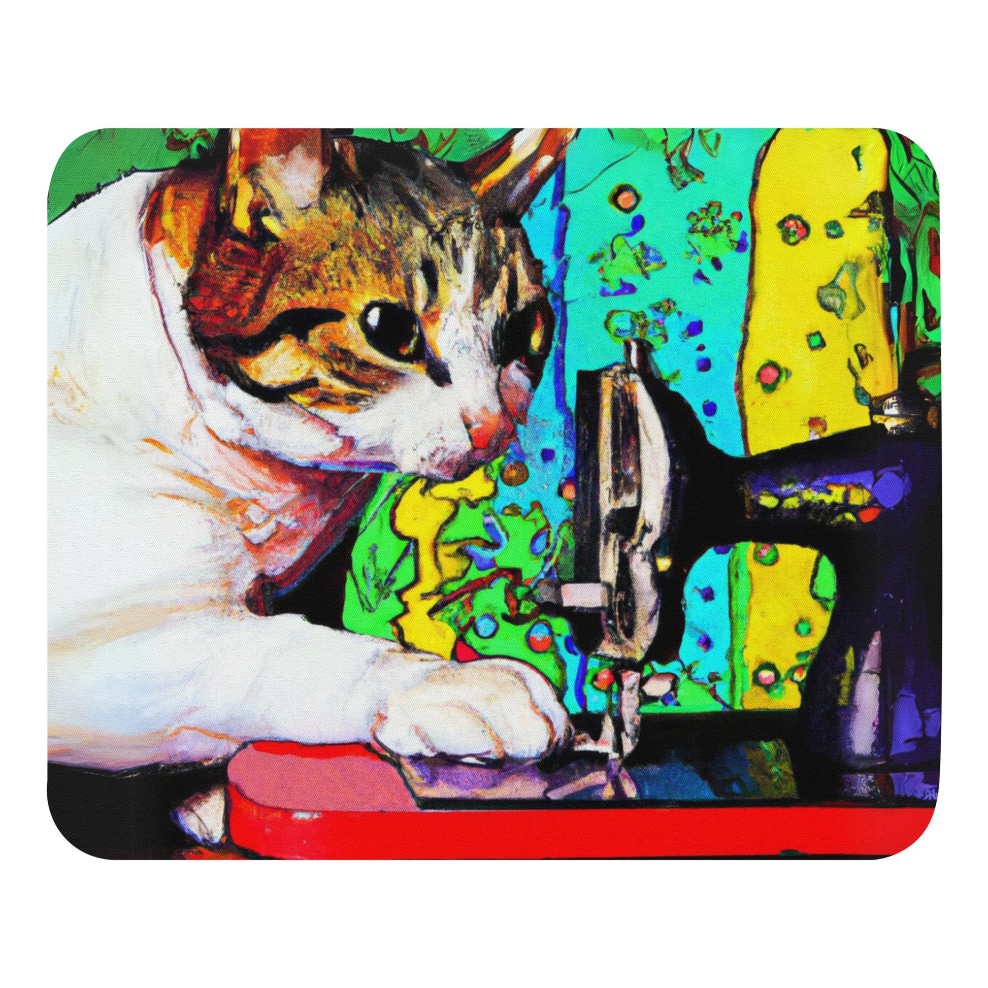 Artistic Mouse Pad with "Sewing Cat" Graphic Design, the perfect gift for people who love to sew