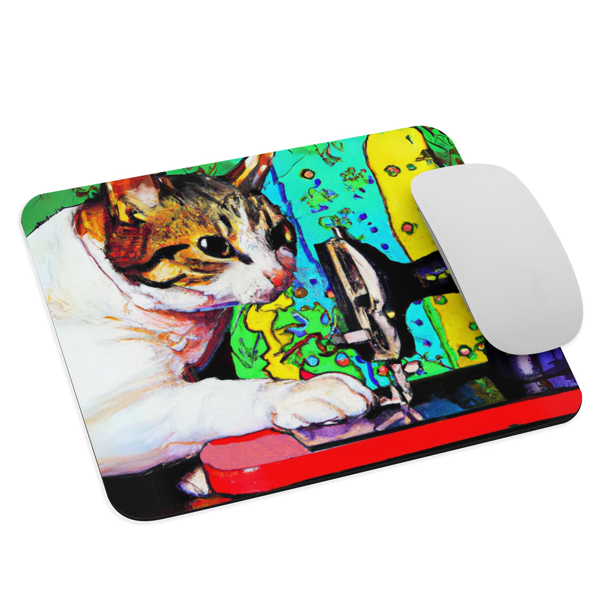 Artistic Mouse Pad with "Sewing Cat" Graphic Design, the perfect gift for people who love to sew