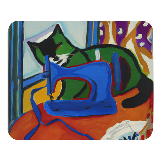 Artistic Mouse Pad with "Sewing Cat" Graphic Design, the perfect gift for people who love to sew