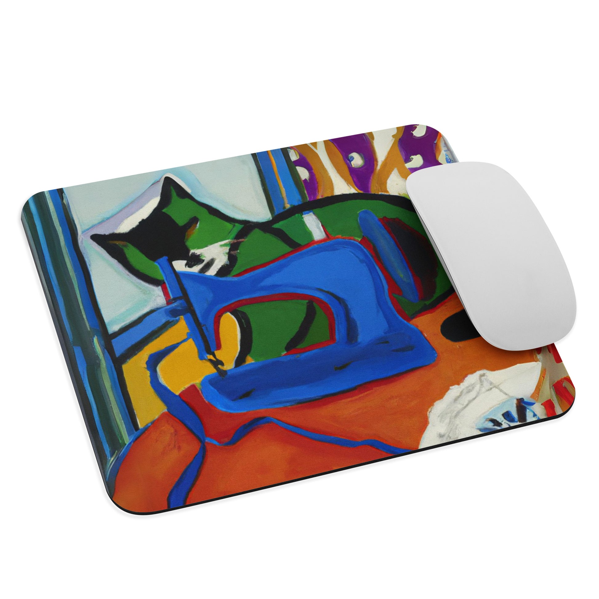 Artistic Mouse Pad with "Sewing Cat" Graphic Design, the perfect gift for people who love to sew