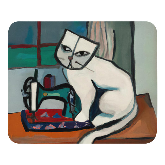 Artistic Mouse Pad with "Sewing Cat" Graphic Design, the perfect gift for people who love to sew