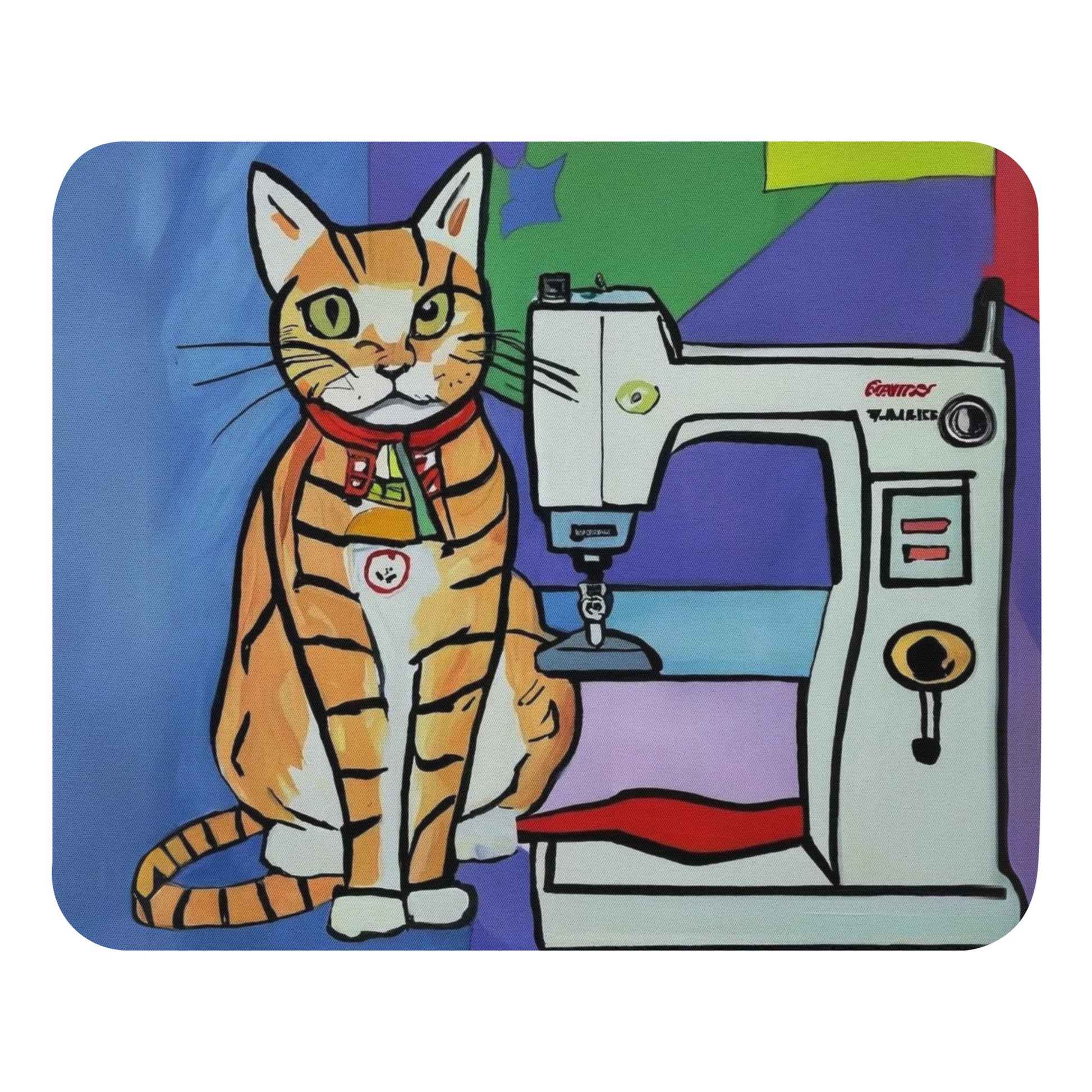 Artistic Mouse Pad with "Sewing Cat" Graphic Design, the perfect gift for people who love to sew