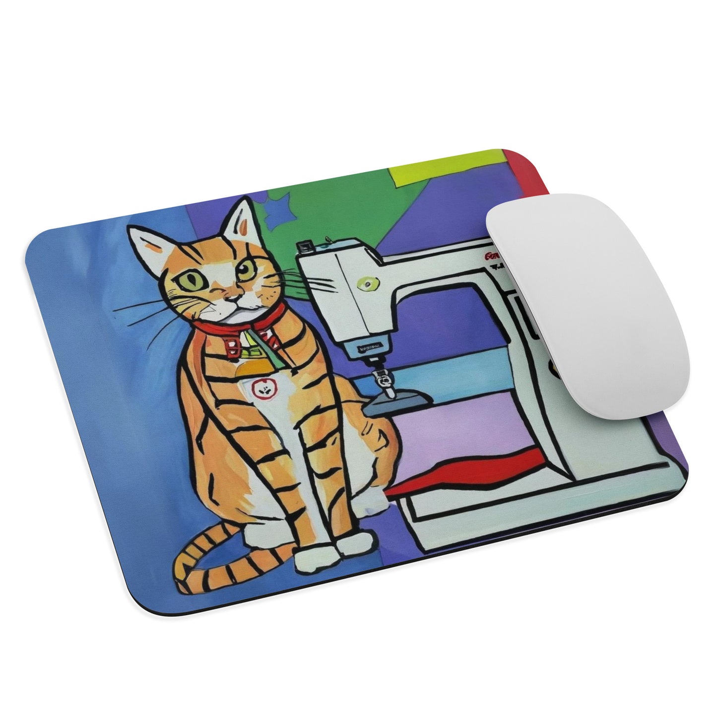 Artistic Mouse Pad with "Sewing Cat" Graphic Design, the perfect gift for people who love to sew