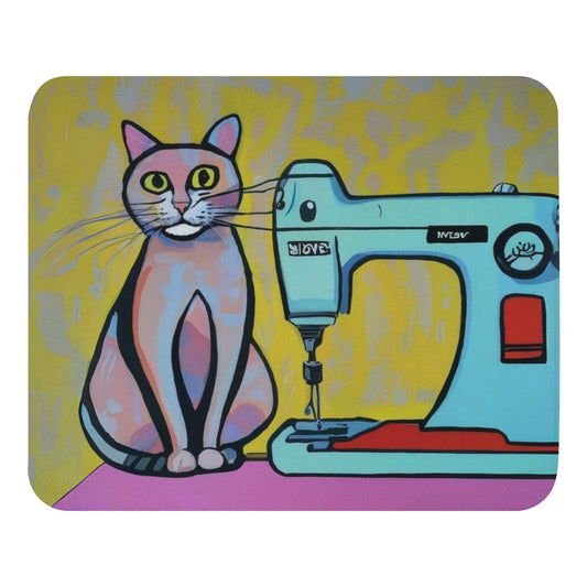 Artistic Mouse Pad with "Sewing Cat" Graphic Design, the perfect gift for people who love to sew