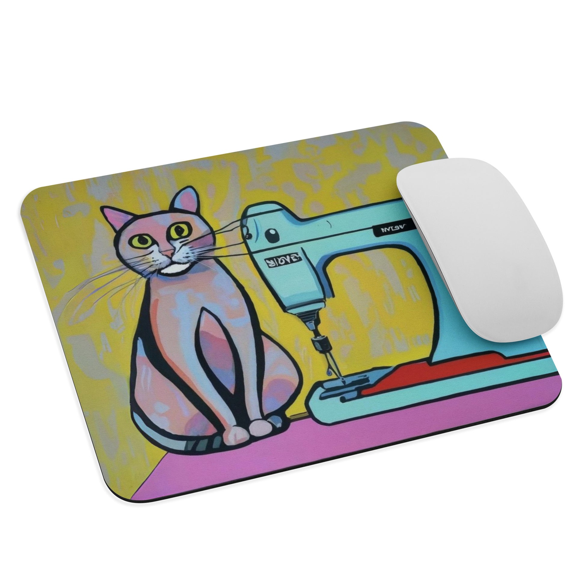 Artistic Mouse Pad with "Sewing Cat" Graphic Design, the perfect gift for people who love to sew