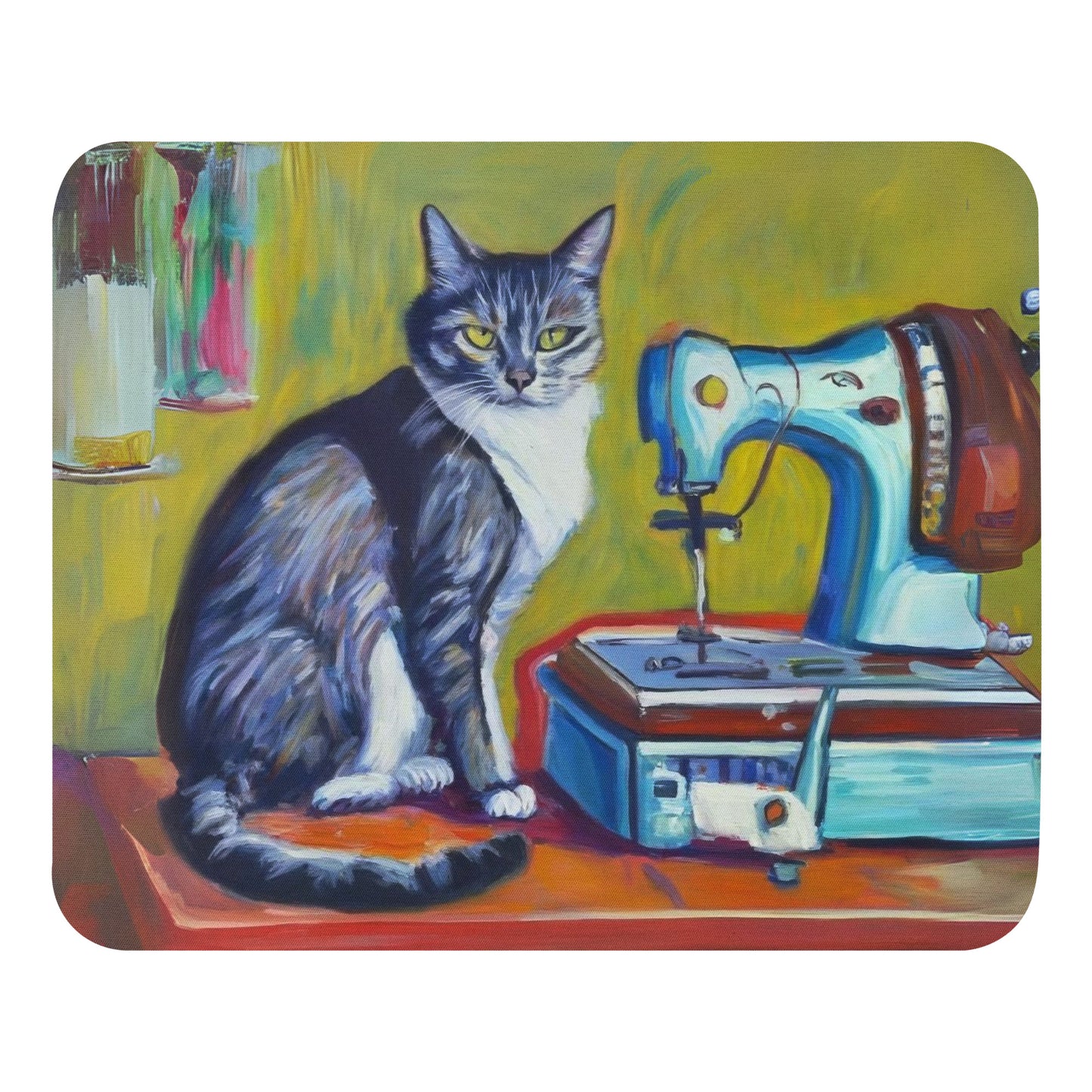 Artistic Mouse Pad with "Sewing Cat" Graphic Design, the perfect gift for people who love to sew