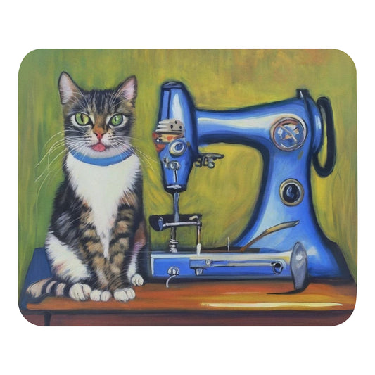 Artistic Mouse Pad with "Sewing Cat" Graphic Design, the perfect gift for people who love to sew