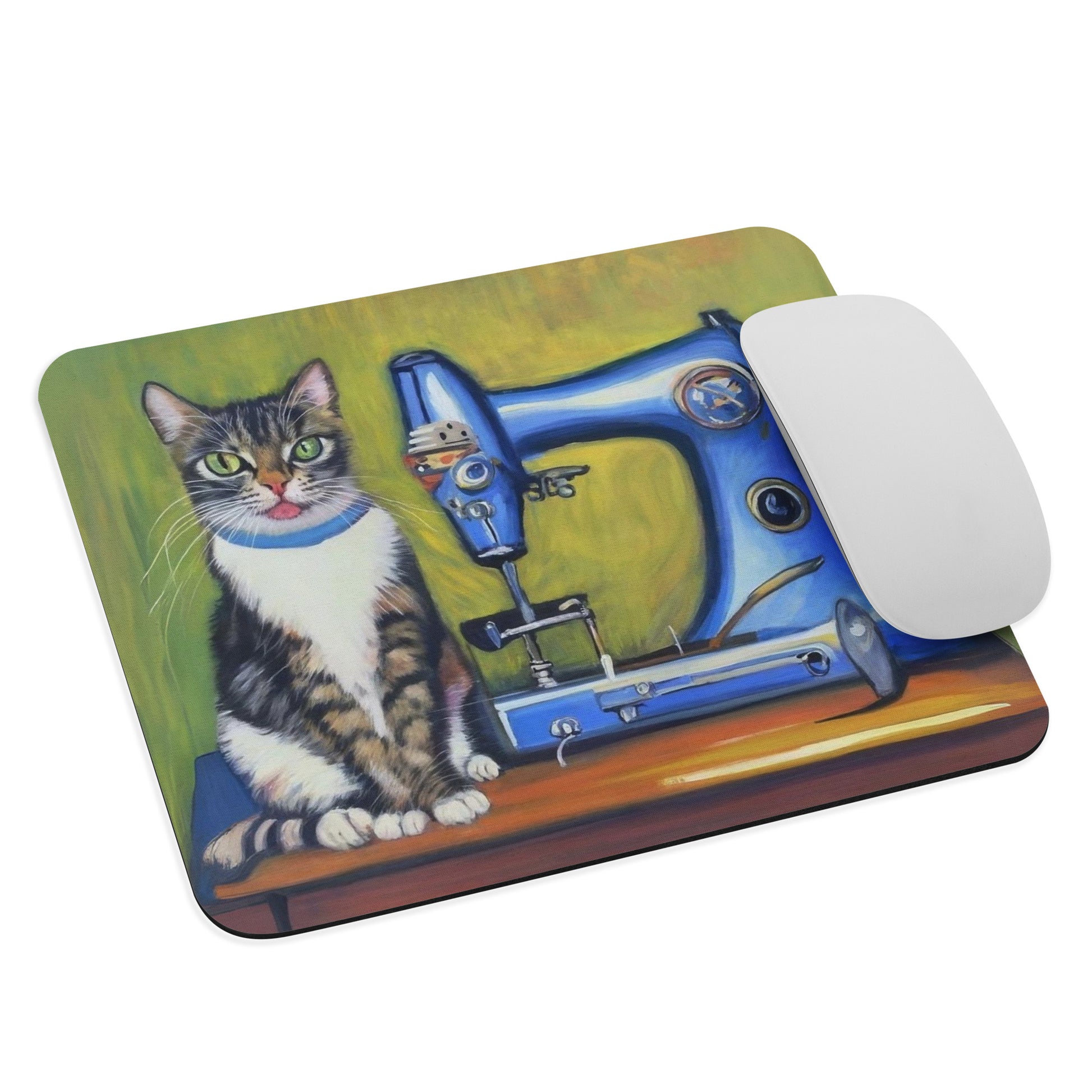 Artistic Mouse Pad with "Sewing Cat" Graphic Design, the perfect gift for people who love to sew