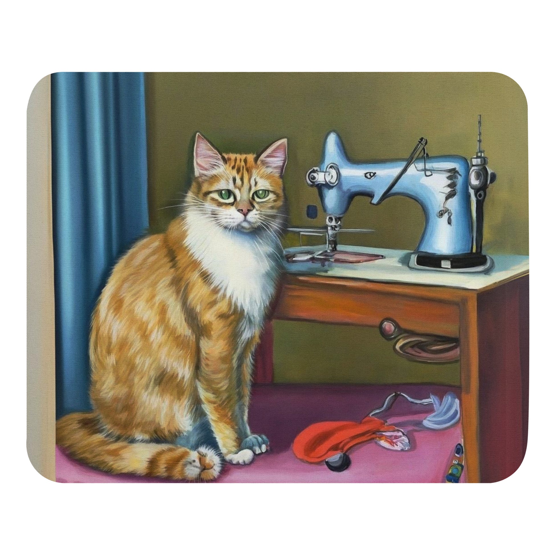 Artistic Mouse Pad with "Sewing Cat" Graphic Design, the perfect gift for people who love to sew