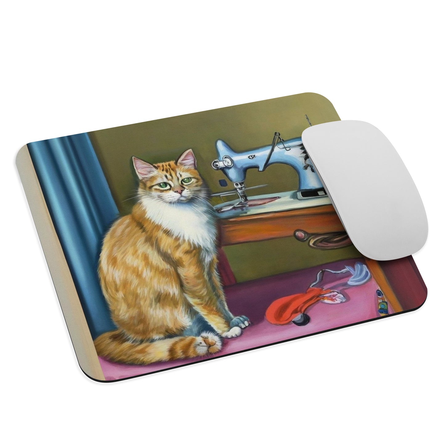 Artistic Mouse Pad with "Sewing Cat" Graphic Design, the perfect gift for people who love to sew